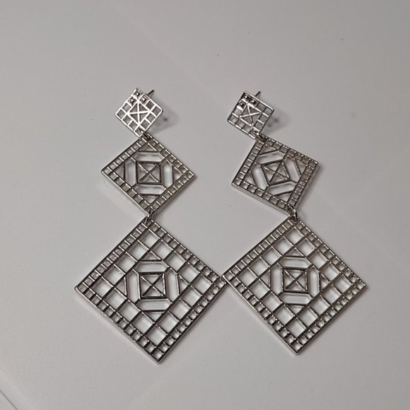 Long Silver Tone Metal Decorative Dangling Square Earrings - Picture 2 of 12